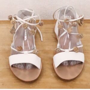 Loeffler Randall Pom Pom Lace Up Sandals Womens Size 9 White Leather Boho
